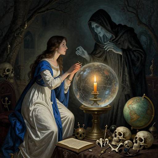 Mystical painting: fair-skinned woman in white and blue dress prays before a crystal globe with candle, shadowy figure looms, skulls