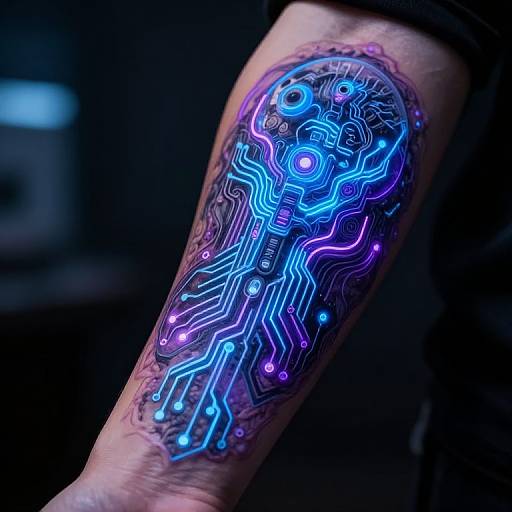 Photograph of a neon blue and purple circuit tattoo on a forearm, glowing vividly against a dark background.