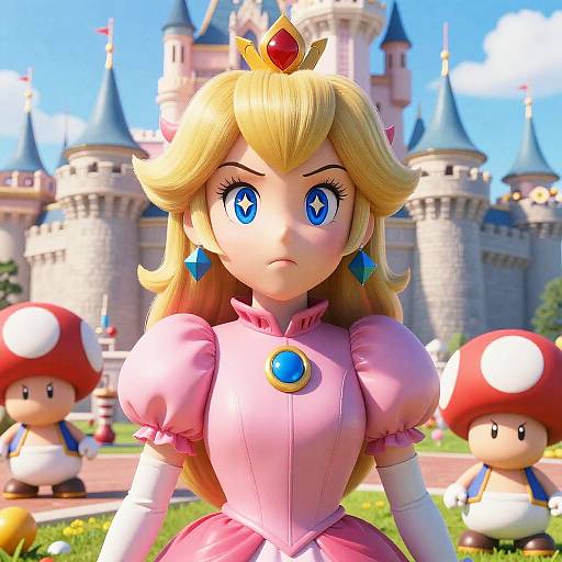 Digital CGI of Princess Peach with large blue eyes, pink dress, and crown, standing in front of a colorful Mario Castle. Toad characters with red