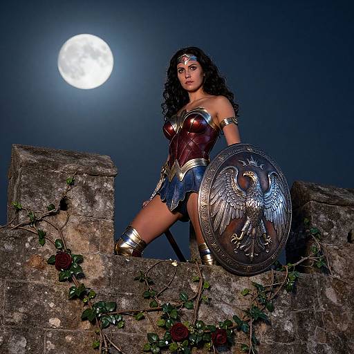 Photograph of Wonder Woman with curly black hair, red bustier, blue skirt, and gold accessories, standing on ancient stone ruins under a full moon