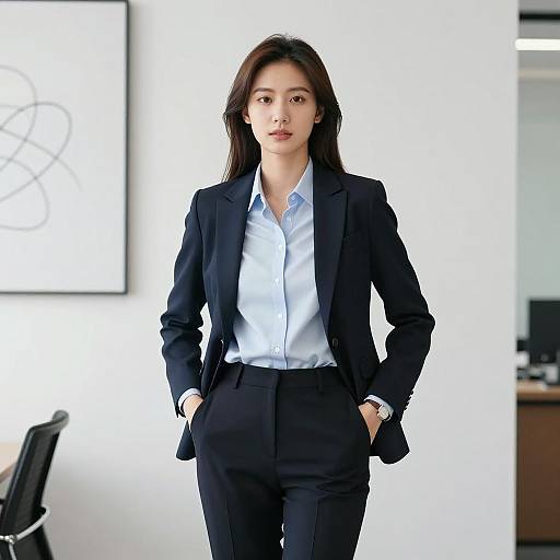 Confident Businesswoman in Navy Suit