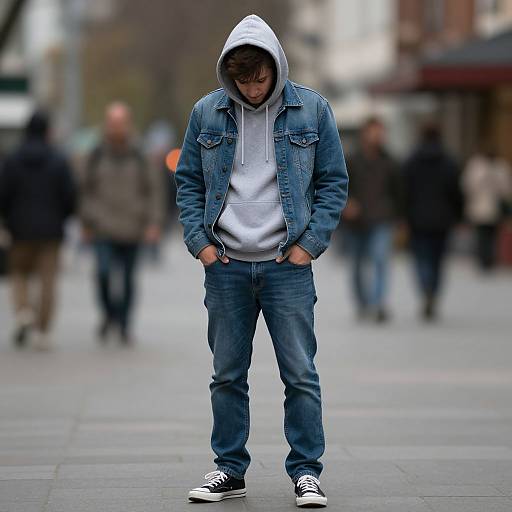 Embarrassed Guy in Denim Hoodie