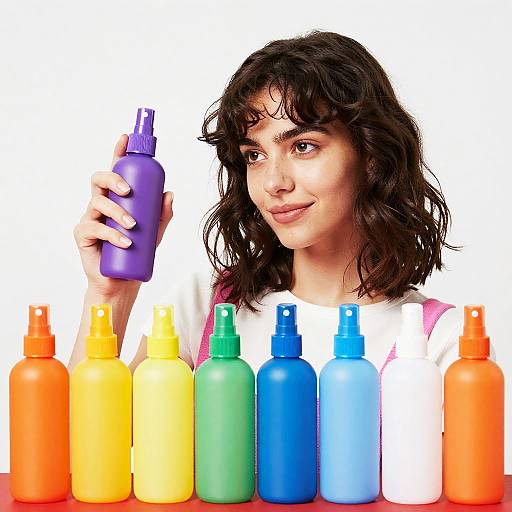 Young Woman with Colorful Spray Bottles