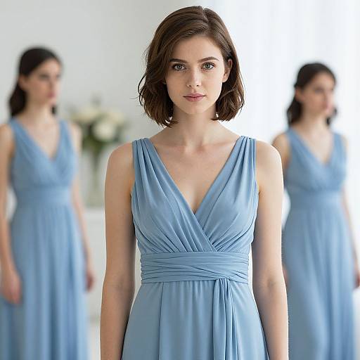 Photograph of a fair-skinned woman with short brown hair in a light blue, V-neck, sleeveless dress, standing in a bright room with