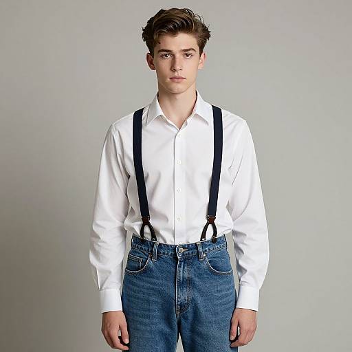 Photograph of a young man with short brown hair, wearing a white shirt, black suspenders, and blue jeans, standing against a plain gray background