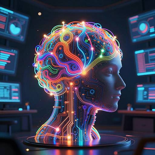 Digital art of a neon-lit, cybernetic human head with colorful, glowing circuitry patterns against a dark, high-tech background.