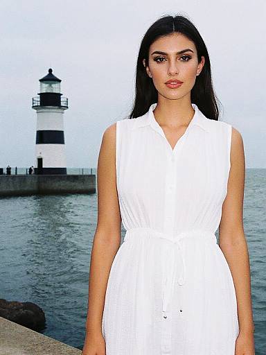 Photograph of a woman with long black hair, wearing a sleeveless white dress, standing in front of a striped lighthouse by the sea.