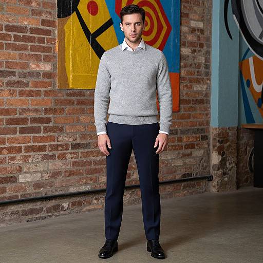 Photograph of a young man with short dark hair, wearing a gray sweater, white shirt, black pants, and black shoes, standing in front of