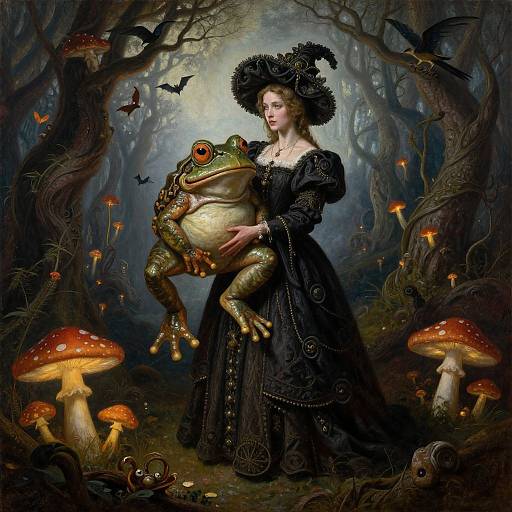 Digital fantasy painting: fair-skinned woman in black Victorian dress, ornate hat, holding large frog, surrounded by glowing mushrooms, birds, and dark