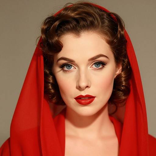 Photographic portrait of a fair-skinned woman with blue eyes, red lipstick, and curly brown hair, wearing a red veil against a gray background.