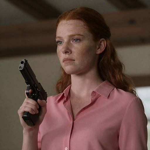 Serious Red-Haired Woman with Handgun