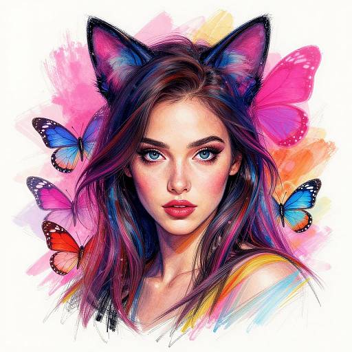 Colorful Feminine Portrait with Cat Ears