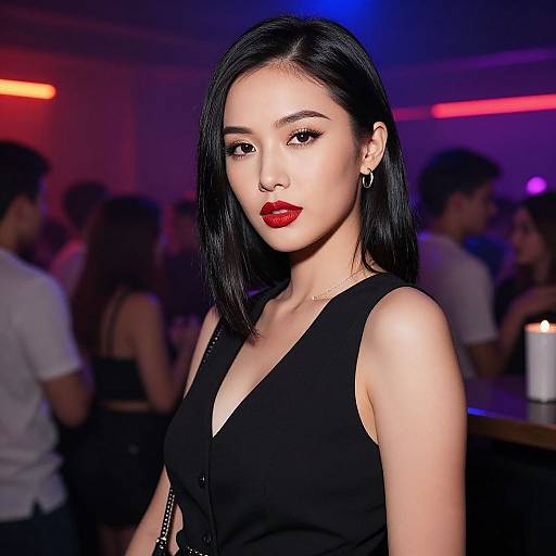 Photograph of an Asian woman with straight black hair, red lipstick, black sleeveless top, and earrings, standing in a dimly lit, colorful