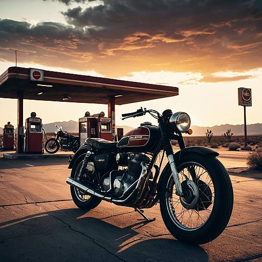 Vintage Motorcycle at Sunset Gas Station