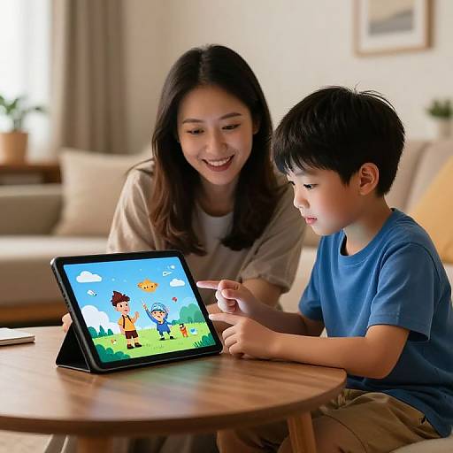 Asian mother and son smiling, playing on a colorful tablet with cartoon characters, in a bright, modern living room.