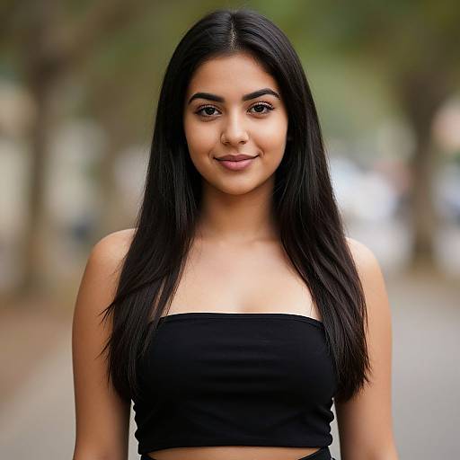 Photograph of a young South Asian woman with long black hair, brown eyes, and medium skin, wearing a black strapless top, smiling softly in