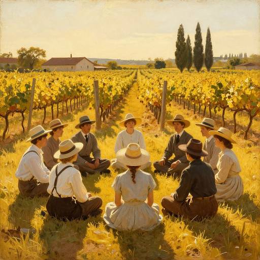 Photograph of a sunlit vineyard at sunset, showing a circle of six people in vintage clothing and hats, sitting on grassy rows of grape
