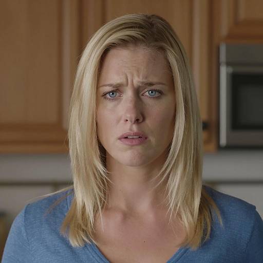 Concerned Blonde Woman in Blue Shirt