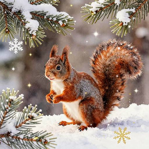 Curious Red Squirrel in Frosty Pine Forest