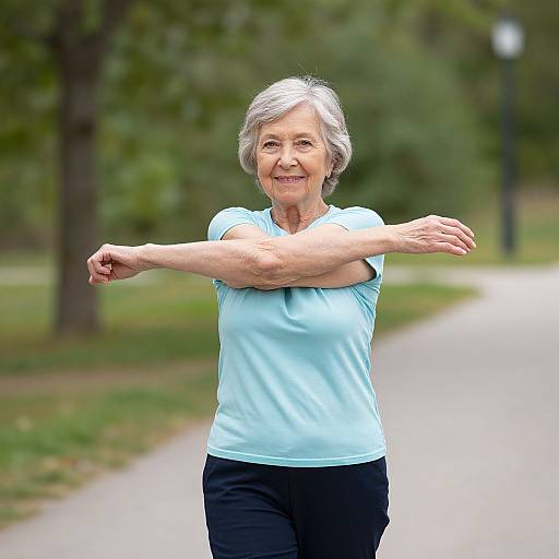 Photograph of an elderly woman with short gray hair, smiling, wearing a light blue shirt and black pants, stretching outdoors in a park.