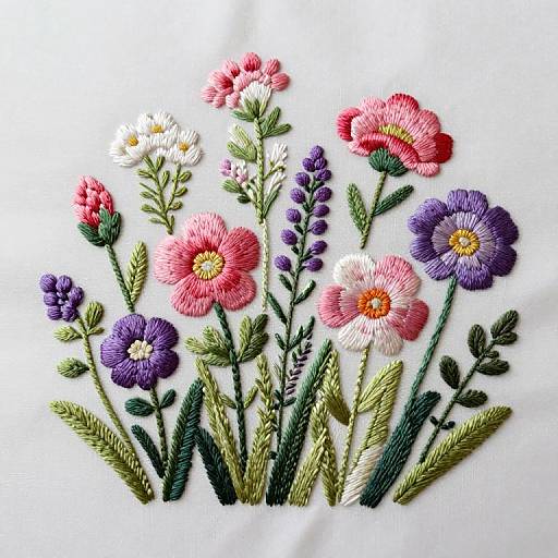 Photograph of colorful embroidered flowers in shades of pink, purple, white, and yellow, with green leaves on white fabric.