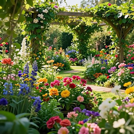 Vibrant photograph of a sunlit garden pathway, framed by lush green vines and filled with colorful flowers including reds, yellows, purples