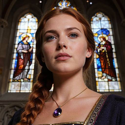 Photograph of a fair-skinned woman with red braided hair, wearing a dark dress and purple pendant, standing before colorful stained glass windows in a