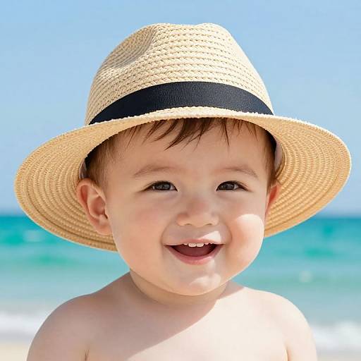 Photograph of a smiling baby boy with light skin, wearing a straw hat with a black band, at a sunny beach.