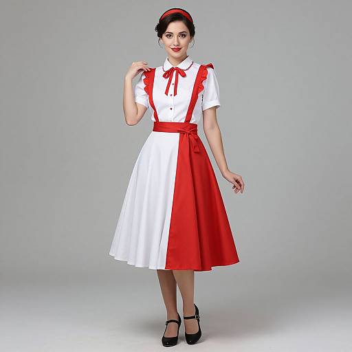 Photograph of a woman in a vintage-style white and red dress with red suspenders, black heels, red headband, and red bow tie,
