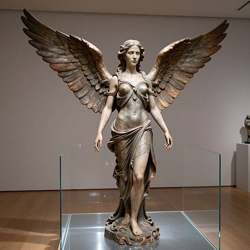 Photograph of a bronze winged statue of a classical-style female angel, standing on a pedestal, with detailed wings and draped garment, displayed in a