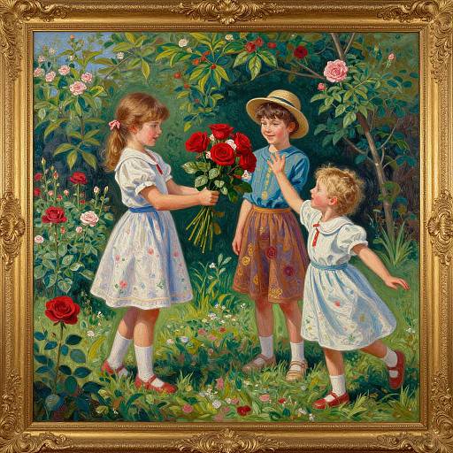 Photograph-style painting of three children in a vibrant garden, two girls in white floral dresses and a boy in blue shirt and brown skirt, holding red