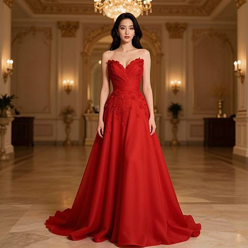 Elegant Woman in Red Gown Ballroom