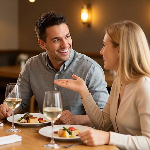 Photograph of smiling, dark-haired man in blue shirt and blonde woman in beige top, dining together in warmly lit restaurant.