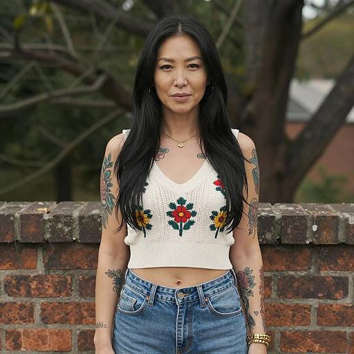 Asian Woman with Tattoos and Floral Top