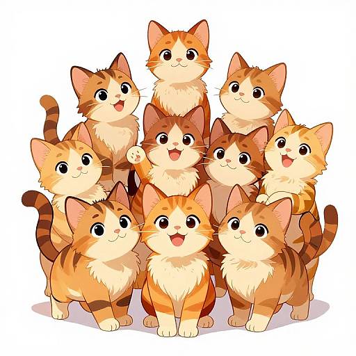 Digital illustration of nine adorable, chubby, orange and brown tabby kittens with big, expressive eyes and happy expressions, standing closely together.