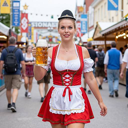 Photograph of a smiling woman in a traditional German dirndl dress, holding a glass of beer, walking through a bustling street market with colorful signs and