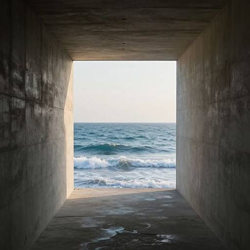 Photograph of a concrete underpass framing a vibrant ocean view with white-capped waves under a bright, clear sky.