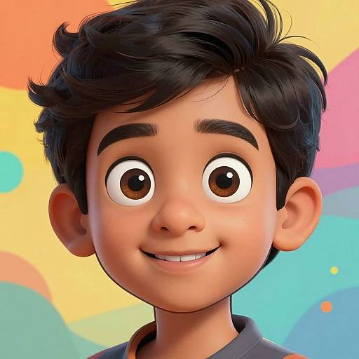 Digital 3D cartoon portrait of a smiling young boy with large brown eyes, dark wavy hair, and tan skin, against a colorful, abstract