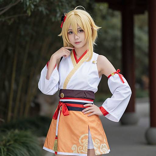 Blonde cosplayer in white and orange Japanese-inspired outfit with red accents, standing outdoors, hand on chin, forest background. Photograph.