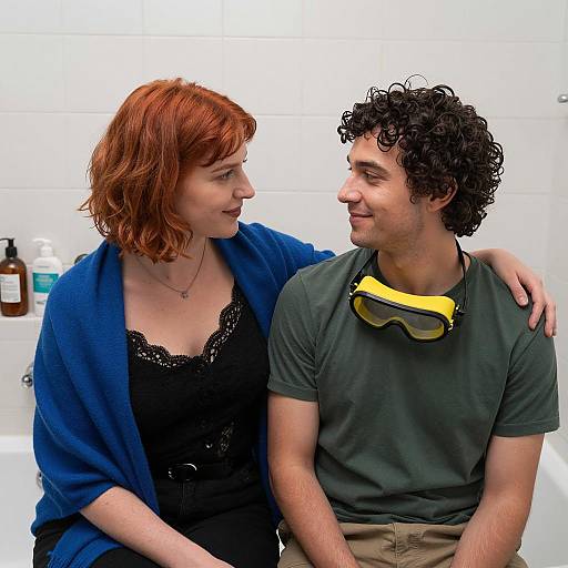 Intimate Moment in a Tiled Bathroom