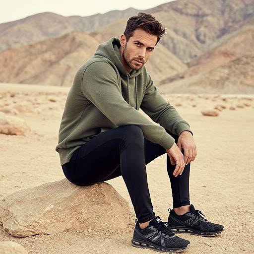 Photograph of a bearded man with short dark hair, wearing a green hoodie, black pants, and black sneakers, sitting on a rock in a