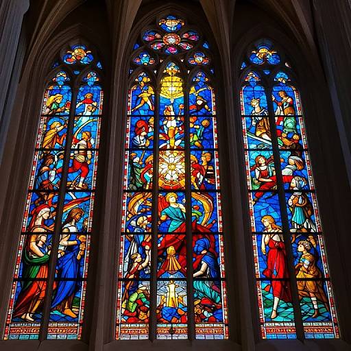 Vibrant stained glass window depicting biblical scenes with colorful figures, set in Gothic-style arches, showcasing intricate, detailed artwork.