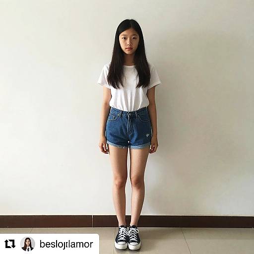 Photograph of an Asian girl with long black hair, wearing a white T-shirt, blue denim shorts, and black Converse sneakers, standing against a