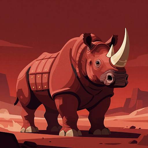 Digital illustration of a stylized, armored rhinoceros with large horns standing in a red, rocky desert landscape. Bold, vibrant colors.
