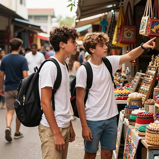 Teen Boys Exploring Colorful Marketplace