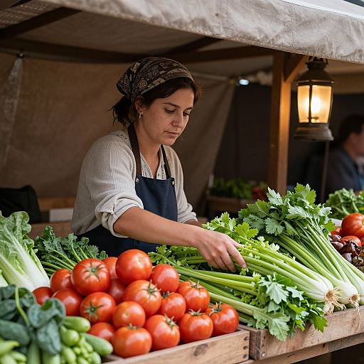 Photograph of a young woman with dark hair in a bandana, wearing a white shirt and blue apron, arranging fresh green celery and red tomatoes