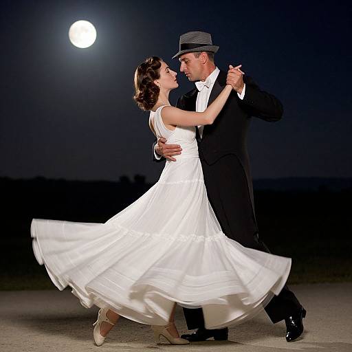 Photograph of a dancing couple under a full moon, man in black suit and hat, woman in white dress, twirling gracefully.