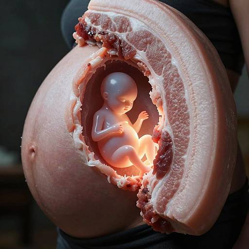 Photorealistic CGI: A tiny, glowing fetus is inside a realistic, open, pinkish human ovary, with a warm light illuminating the