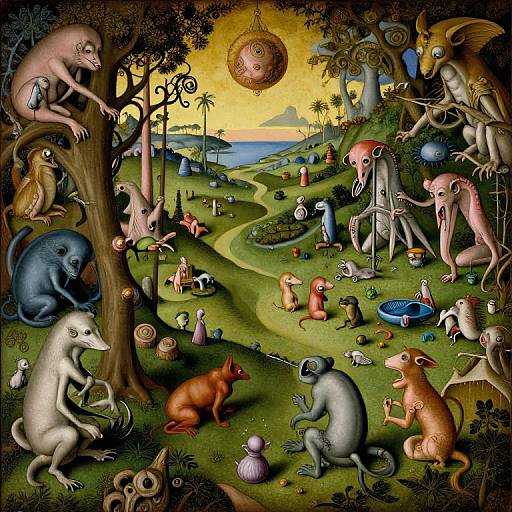 Whimsical, surreal painting of bizarre, anthropomorphic animals in a lush, winding landscape under a glowing sun, with intricate details and vibrant colors.