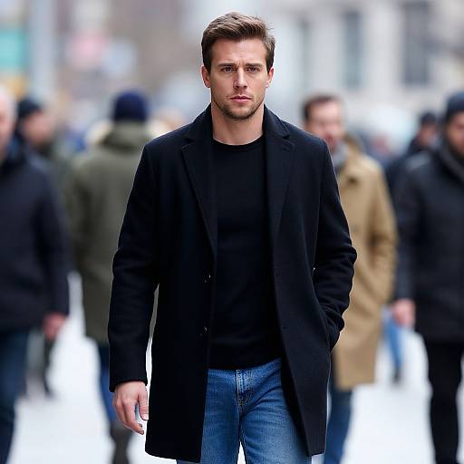 Focused Man Walking in Bustling City